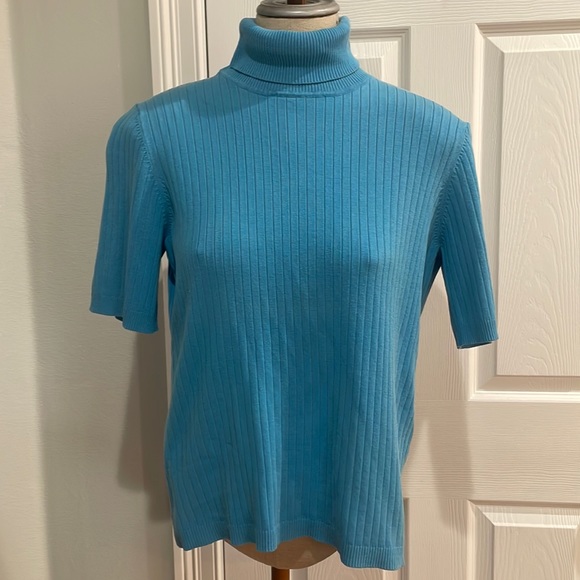 Chicos short sleeve top ribbed sweater blue pullover turtleneck size 1 8/10 - Picture 1 of 6